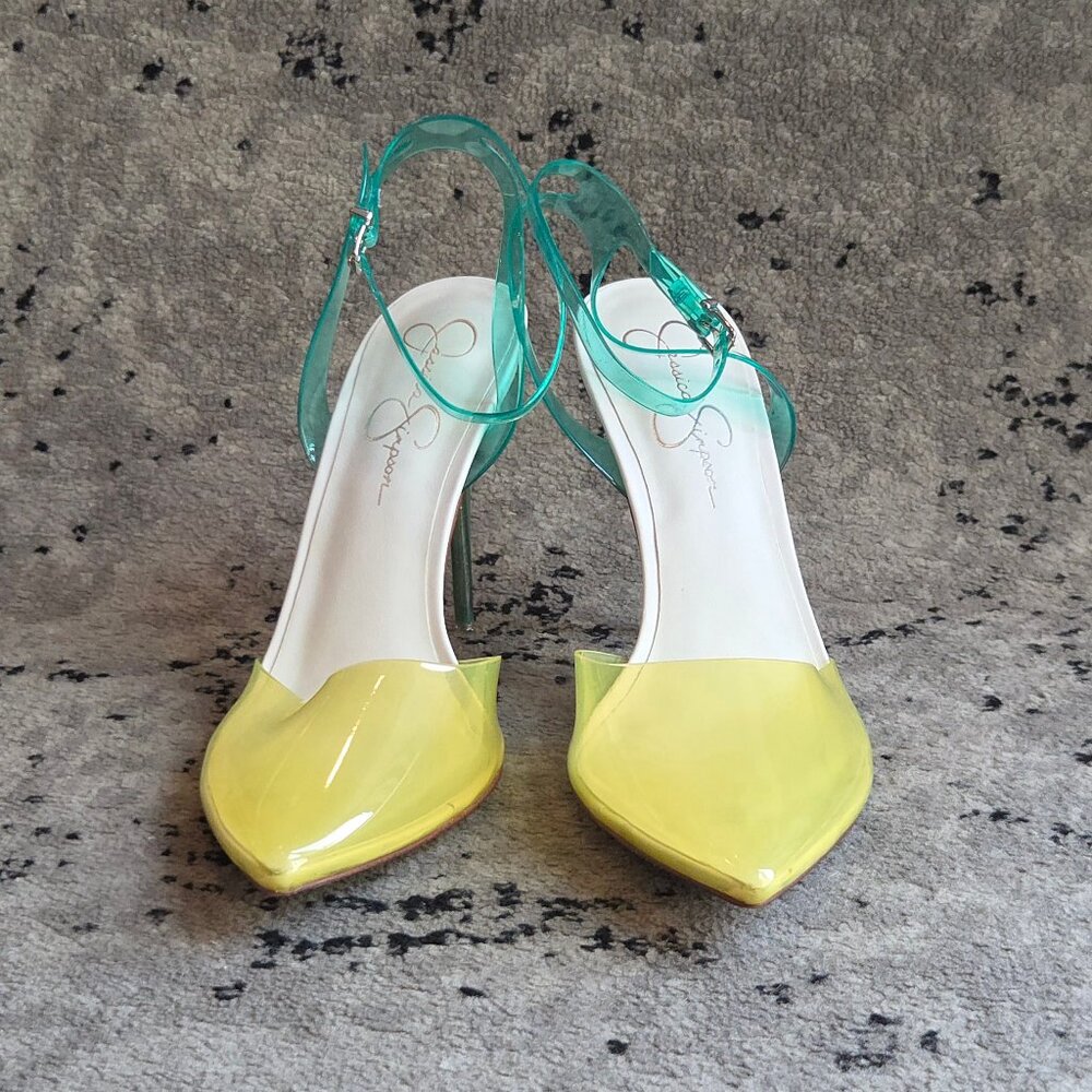 Jessica Simpson Pirrie Clear Yellow Ankle Strap Slingback Pumps Stilettos 12 - Picture 3 of 7